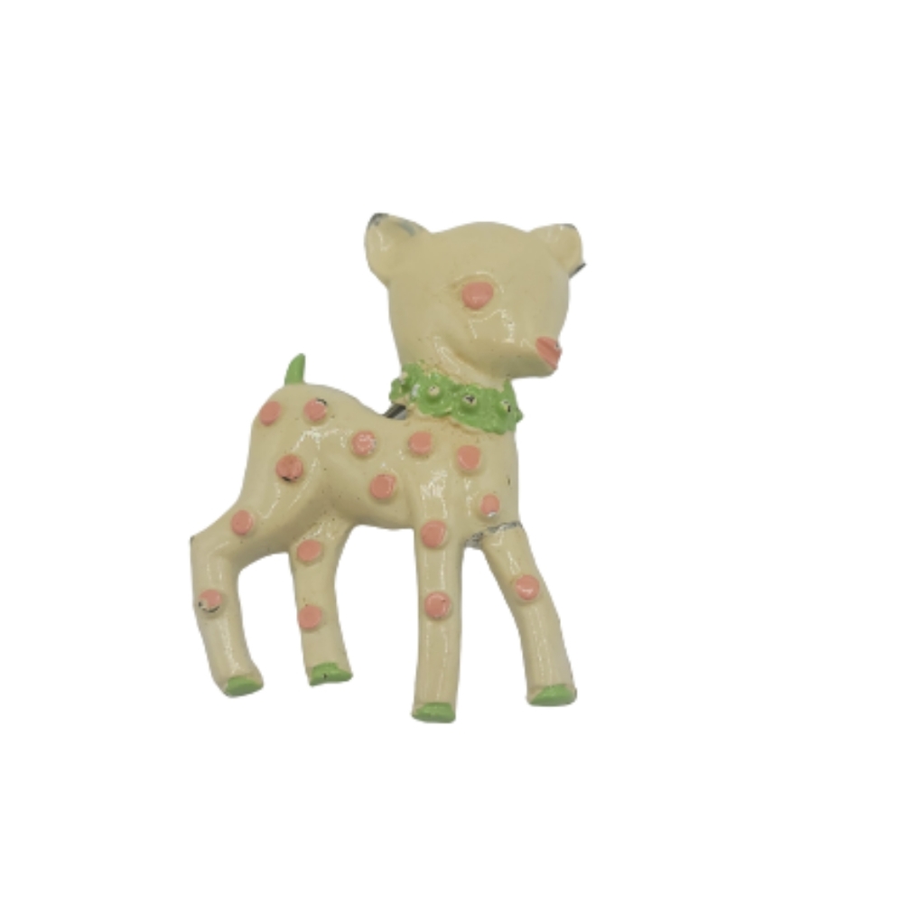 1950s Japan Deer Brooch Enamel Pink Polka Dot Fawn Easter Pin Vintage